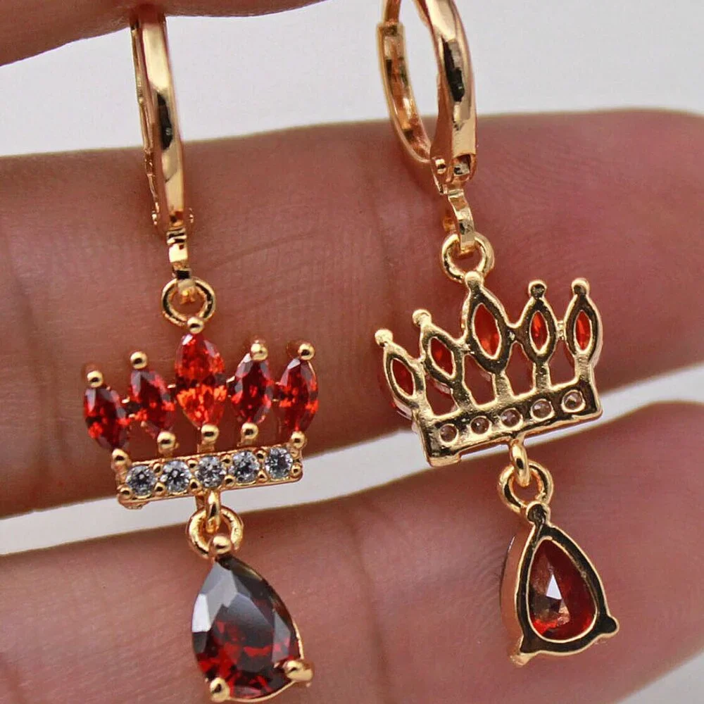 18K Yellow Gold Filled Crown Ruby Red Diamond Zircon Dangle Earrings Gorgeous